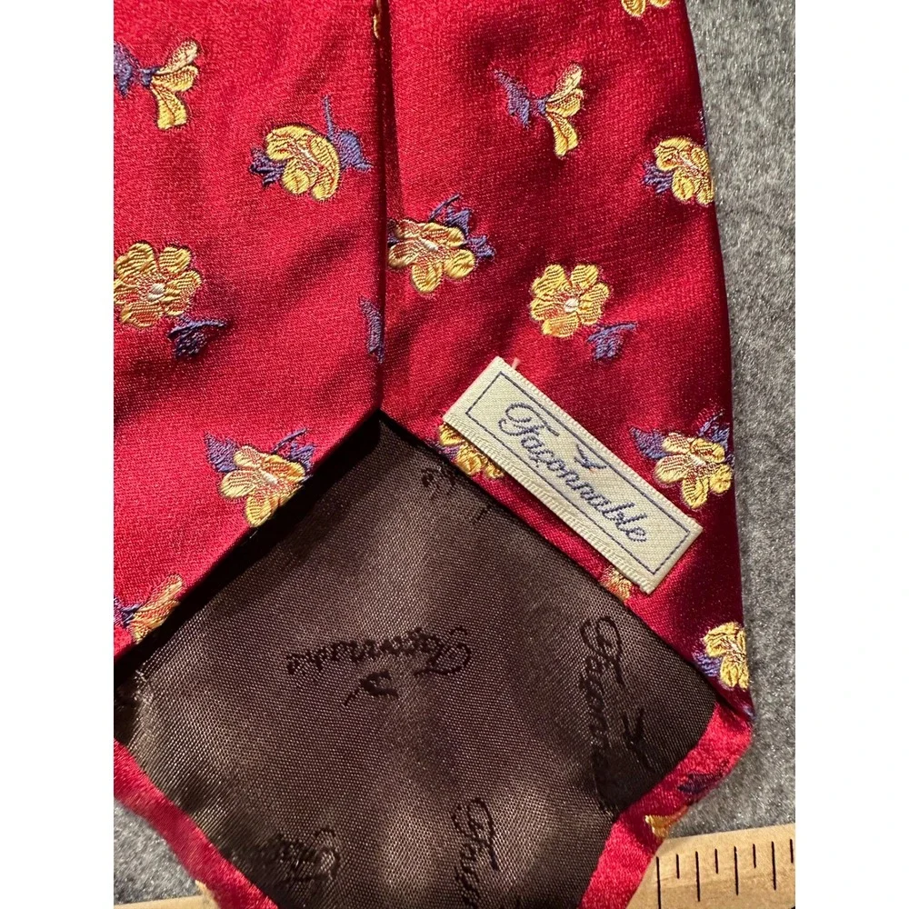 Faconnable Mens Red Floral Silk Necktie Made in France Yellow Flower Silk Tie